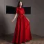 Chic / Belle Rouge Satin Robe De Soirée 2020 Princesse Col Haut Manches Courtes Appliques Fleur Ceinture Longue Volants Robe De Ceremonie