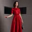 Chic / Belle Rouge Satin Robe De Soirée 2020 Princesse Col Haut Manches Courtes Appliques Fleur Ceinture Longue Volants Robe De Ceremonie