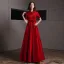 Chic / Belle Rouge Satin Robe De Soirée 2020 Princesse Col Haut Manches Courtes Appliques Fleur Ceinture Longue Volants Robe De Ceremonie