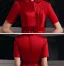 Chic / Belle Rouge Satin Robe De Soirée 2020 Princesse Col Haut Manches Courtes Appliques Fleur Ceinture Longue Volants Robe De Ceremonie