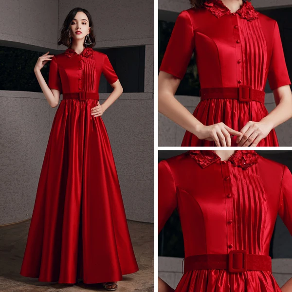 Chic / Belle Rouge Satin Robe De Soirée 2020 Princesse Col Haut Manches Courtes Appliques Fleur Ceinture Longue Volants Robe De Ceremonie