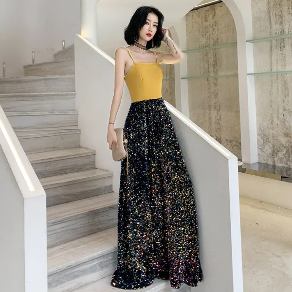 Dos colores Amarillo Marino Oscuro Vestidos de noche 2020 A Line Princess Spaghetti Straps Sin Mangas