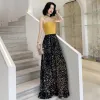 Two Tone Yellow Navy Blue Evening Dresses  2020 A-Line / Princess Spaghetti Straps Sleeveless Sequins Floor-Length / Long Backless Formal Dresses
