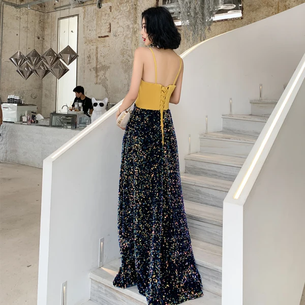 Two Tone Yellow Navy Blue Evening Dresses 2020 A-Line / Princess Spaghetti Straps Sleeveless Sequins Floor-Length / Long Backless Formal Dresses