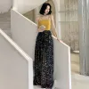 Two Tone Yellow Navy Blue Evening Dresses  2020 A-Line / Princess Spaghetti Straps Sleeveless Sequins Floor-Length / Long Backless Formal Dresses