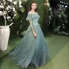 Affordable Green Bridesmaid Dresses 2020 A-Line / Princess Appliques Lace Floor-Length / Long Ruffle Backless Wedding Party Dresses