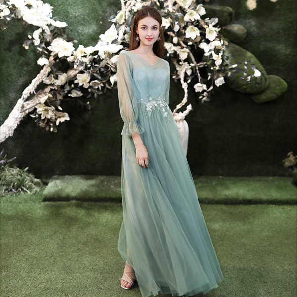 Affordable Green Bridesmaid Dresses 2020 A-Line / Princess Appliques Lace Floor-Length / Long Ruffle Backless Wedding Party Dresses