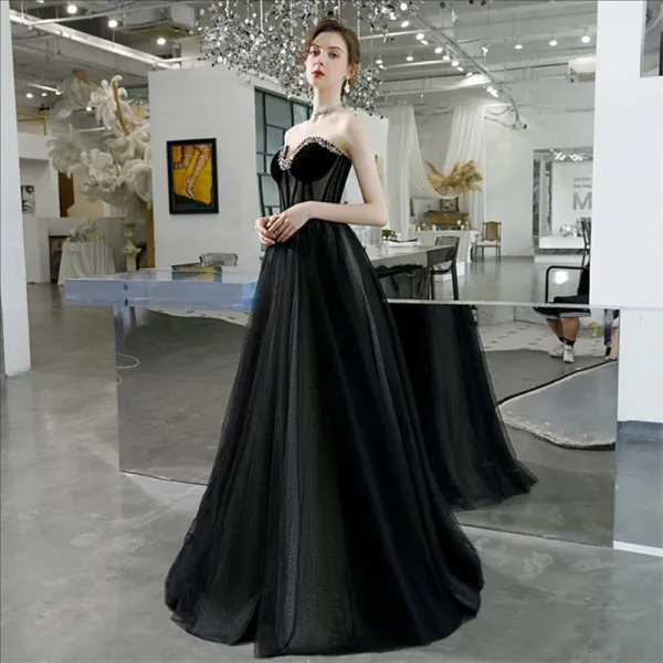 Elegant Black Prom Dresses 2020 A-Line / Princess Sweetheart Sleeveless Rhinestone Beading Floor-Length / Long Backless Formal Dresses