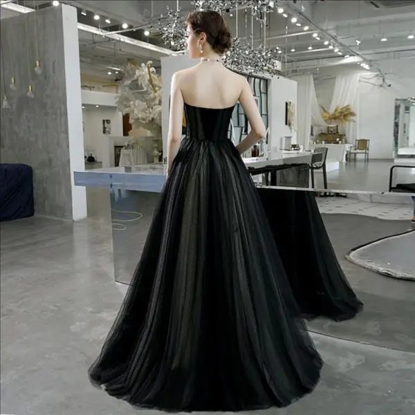 Elegant Svart Ballkjoler 2020 Prinsesse Kjæreste Uten Ermer Rhinestone Beading Lange Ryggløse Formelle Kjoler