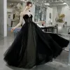 Elegant Black Prom Dresses 2020 A-Line / Princess Sweetheart Sleeveless Rhinestone Beading Floor-Length / Long Backless Formal Dresses