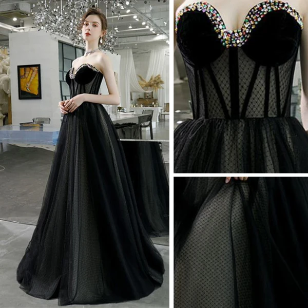Elegant Svart Ballkjoler 2020 Prinsesse Kjæreste Uten Ermer Rhinestone Beading Lange Ryggløse Formelle Kjoler