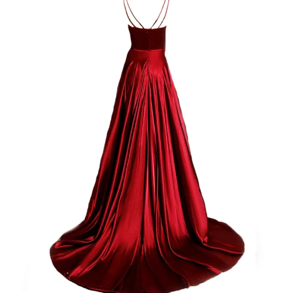 Sexy Burgunderrot Satin Abendkleider 2020 A Linie Spaghettiträger Ärmellos Gespaltete Front Sweep / Pinsel Zug Rüschen Rückenfreies Festliche Kleider