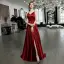 Sexy Burgunderrot Satin Abendkleider 2020 A Linie Spaghettiträger Ärmellos Gespaltete Front Sweep / Pinsel Zug Rüschen Rückenfreies Festliche Kleider