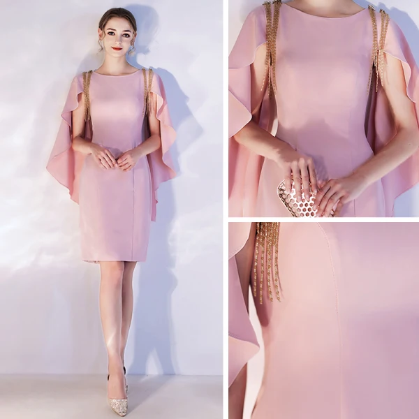 Chic / Belle Rose Bonbon de retour Robe De Graduation 2020 Encolure Dégagée Manches Courtes Perlage Gland Courte Robe De Ceremonie