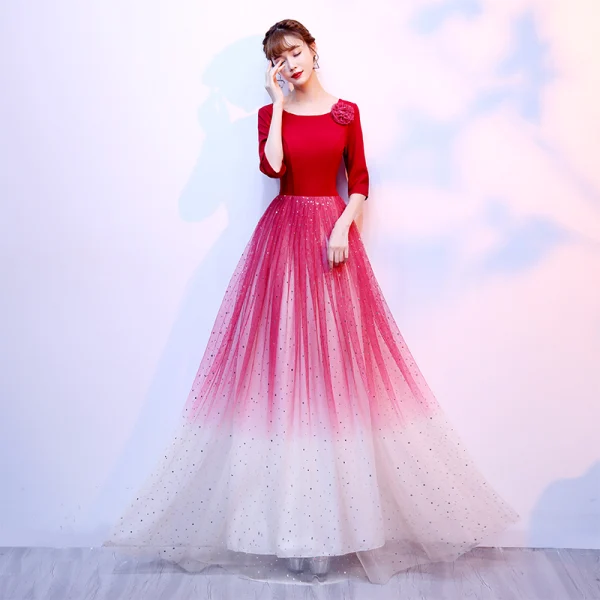 Affordable Red Evening Dresses 2020 A-Line / Princess Scoop Neck 3/4 Sleeve Flower Glitter Tulle Floor-Length / Long Formal Dresses Affordable Red Evening Dresses 2020 A-Line / Princess Scoop Neck 3/4 Sleeve Flower Glitter Tulle Floor-Length / Long Formal Dresses