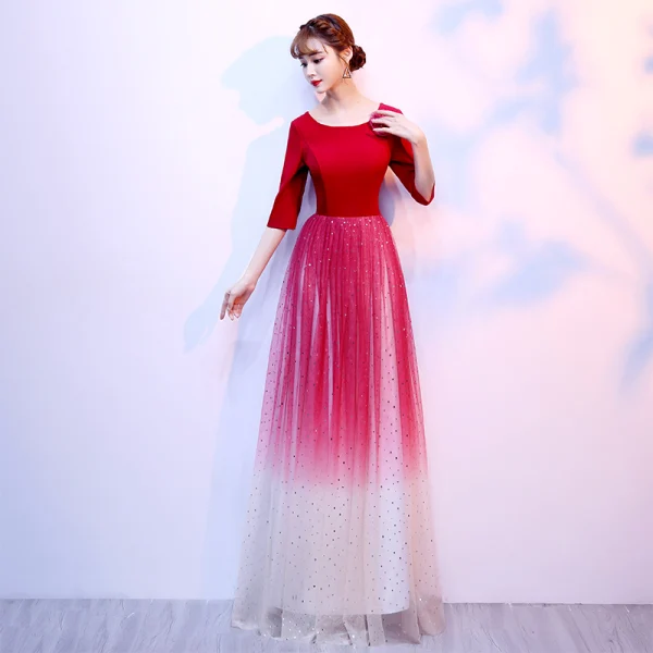 Affordable Red Evening Dresses 2020 A-Line / Princess Scoop Neck 3/4 Sleeve Flower Glitter Tulle Floor-Length / Long Formal Dresses