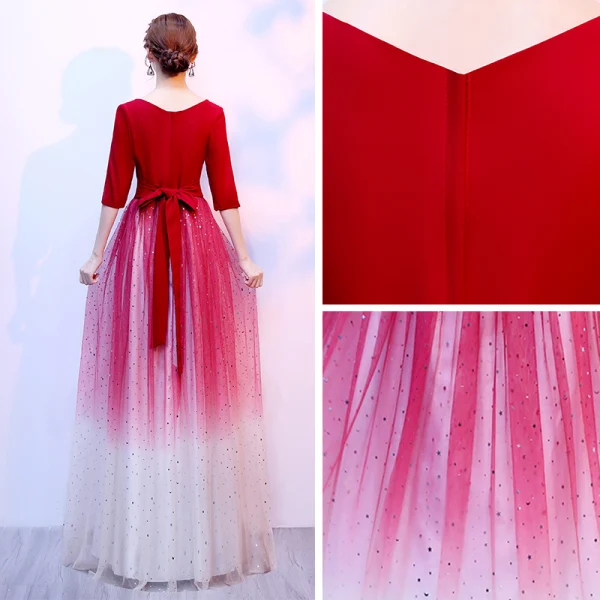 Affordable Red Evening Dresses  2020 A-Line / Princess Scoop Neck 3/4 Sleeve Flower Glitter Tulle Floor-Length / Long Formal Dresses