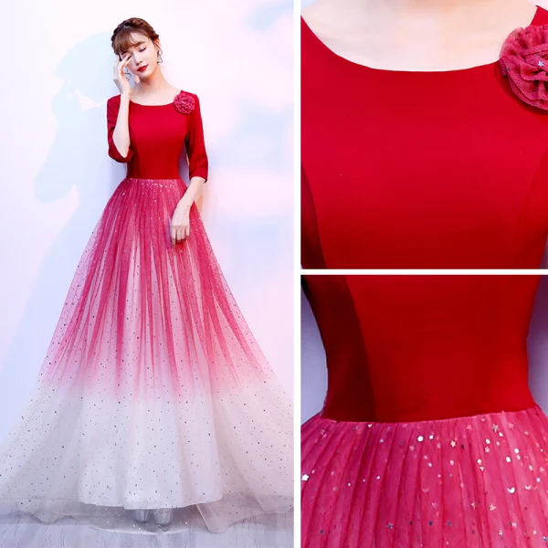 Affordable Red Evening Dresses  2020 A-Line / Princess Scoop Neck 3/4 Sleeve Flower Glitter Tulle Floor-Length / Long Formal Dresses