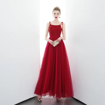 Chic Belle Rouge Robe De Soirée 2020 Princesse Bretelles Spaghetti Sans Manches Perlage Longue Volants Dos Nu Robe De Ceremonie