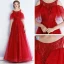 High-end Red Evening Dresses  2020 A-Line / Princess Scoop Neck Short Sleeve Beading Glitter Tulle Floor-Length / Long Ruffle Backless Formal Dresses