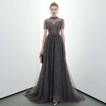 Elegant Grey Black See Through Evening Dresses 2020 A Line Princess High Neck Short Sleeve Sweep Train Ruffle Formal Dresses