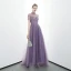 Élégant Grape Transparentes Robe De Soirée 2020 Princesse Col Haut Manches Courtes Perlage Train De Balayage Volants Dos Nu Robe De Ceremonie