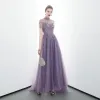 Elegant Grape See-through Evening Dresses  2020 A-Line / Princess High Neck Short Sleeve Beading Sweep Train Ruffle Backless Formal Dresses