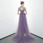 Élégant Grape Transparentes Robe De Soirée 2020 Princesse Col Haut Manches Courtes Perlage Train De Balayage Volants Dos Nu Robe De Ceremonie