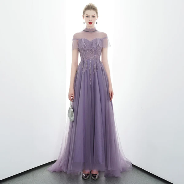 Élégant Grape Transparentes Robe De Soirée 2020 Princesse Col Haut Manches Courtes Perlage Train De Balayage Volants Dos Nu Robe De Ceremonie