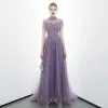 Elegant Grape See-through Evening Dresses  2020 A-Line / Princess High Neck Short Sleeve Beading Sweep Train Ruffle Backless Formal Dresses