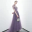 Élégant Grape Transparentes Robe De Soirée 2020 Princesse Col Haut Manches Courtes Perlage Train De Balayage Volants Dos Nu Robe De Ceremonie
