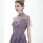 Élégant Grape Transparentes Robe De Soirée 2020 Princesse Col Haut Manches Courtes Perlage Train De Balayage Volants Dos Nu Robe De Ceremonie