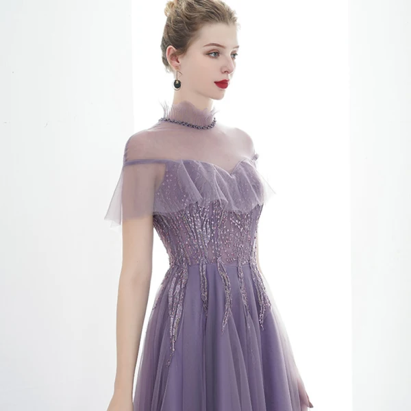 Élégant Grape Transparentes Robe De Soirée 2020 Princesse Col Haut Manches Courtes Perlage Train De Balayage Volants Dos Nu Robe De Ceremonie