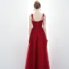 Schöne Rot Abendkleider 2020 A Linie Spaghettiträger Ärmellos Perlenstickerei Lange Rückenfreies Festliche Kleider