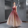 Charming Burgundy Gradient-Color Evening Dresses  2020 A-Line / Princess See-through Deep V-Neck Sleeveless Glitter Tulle Floor-Length / Long Ruffle Backless Formal Dresses