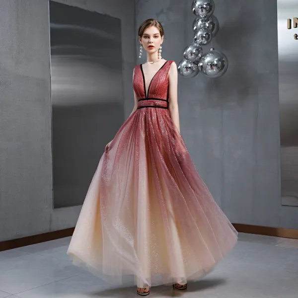 Charming Burgundy Gradient-Color Evening Dresses  2020 A-Line / Princess See-through Deep V-Neck Sleeveless Glitter Tulle Floor-Length / Long Ruffle Backless Formal Dresses