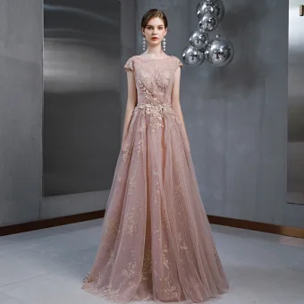 Illusion Perle Rose Transparentes Robe De Soirée 2020 Princesse Manches Courtes Encolure Carrée Glitter Tulle Appliques En Dentelle Perle Perlage Longue Volants Dos Nu Robe De Ceremonie