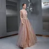 Illusion Pearl Pink See-through Evening Dresses  2020 A-Line / Princess Short Sleeve Square Neckline Glitter Tulle Appliques Lace Pearl Beading Floor-Length / Long Ruffle Backless Formal Dresses