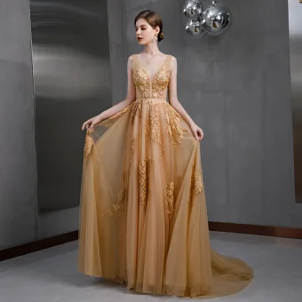 Sexy Gold Evening Dresses 2020 A Line Princess See Through Deep V Neck Sleeveless Appliques Lace Beading Sweep Train Ruffle Backless Formal Dresses