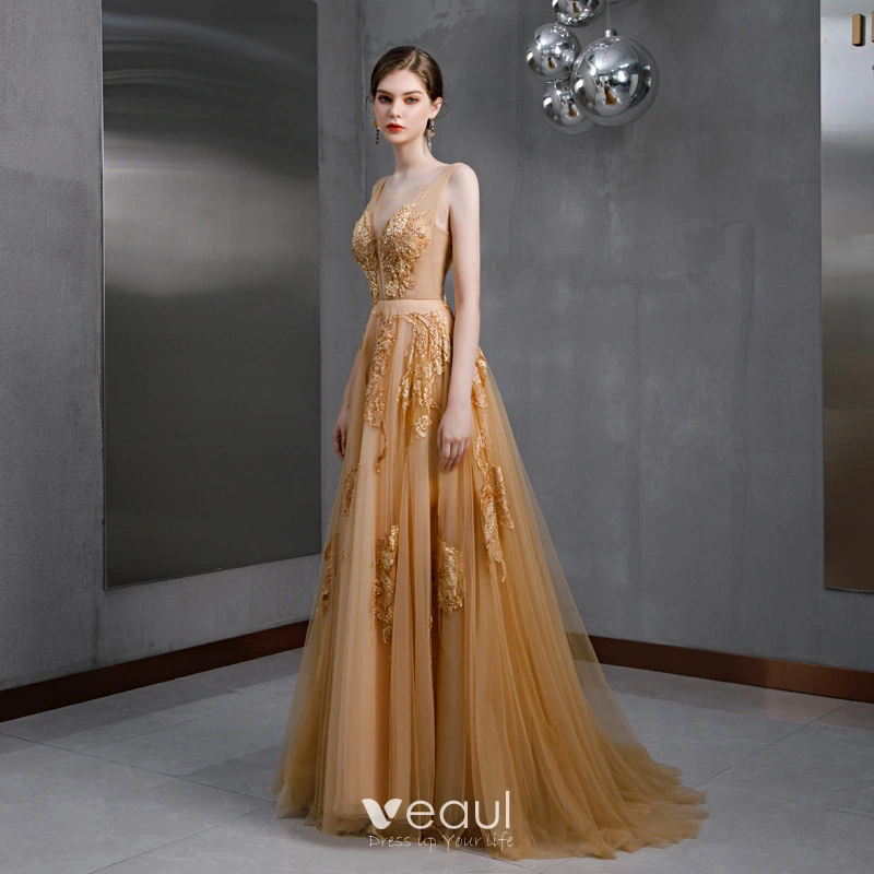 Sexy Gold Evening Dresses 2020 A Line Princess See Through Deep V Neck  Sleeveless Appliques Lace Beading Sweep Train Ruffle Backless Formal Dresses