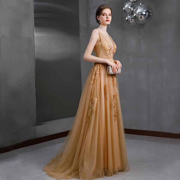 Sexy Gold Evening Dresses  2020 A-Line / Princess See-through Deep V-Neck Sleeveless Appliques Lace Beading Sweep Train Ruffle Backless Formal Dresses