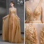 Sexy Gold Evening Dresses  2020 A-Line / Princess See-through Deep V-Neck Sleeveless Appliques Lace Beading Sweep Train Ruffle Backless Formal Dresses