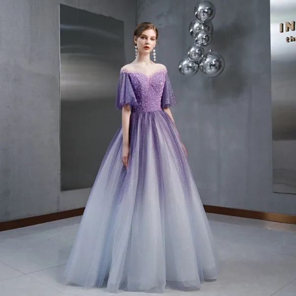 High-end Grape Gradient-Color Square Neckline Evening Dresses 2020 A-Line / Princess See-through Bell sleeves Glitter Tulle Pearl Beading Floor-Length / Long Ruffle Formal Dresses High-end Grape Gradient-Color Square Neckline Evening Dresses 2020 A-Line / Princess See-through Bell sleeves Glitter Tulle Pearl Beading Floor-Length / Long Ruffle Formal Dresses