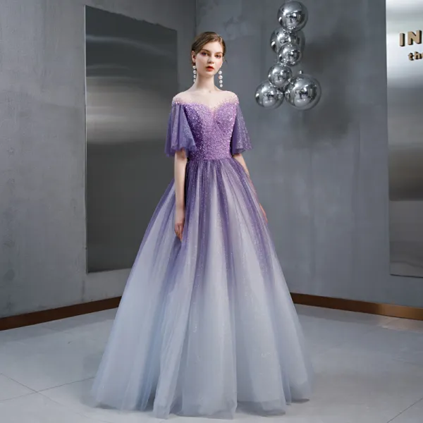 High-end Grape Gradient-Color Square Neckline Evening Dresses  2020 A-Line / Princess See-through Bell sleeves Glitter Tulle Pearl Beading Floor-Length / Long Ruffle Formal Dresses