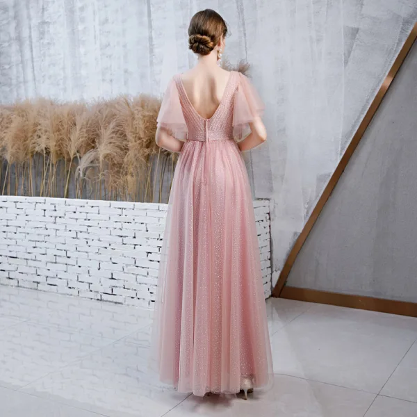 Chic / Beautiful Pearl Pink Evening Dresses 2020 A-Line / Princess See-through Deep V-Neck Bell sleeves Spotted Tulle Floor-Length / Long Ruffle Chic / Beautiful Pearl Pink Evening Dresses 2020 A-Line / Princess See-through Deep V-Neck Bell sleeves Spotted Tulle Floor-Length / Long Ruffle