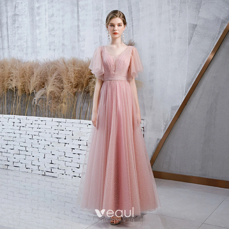 Chic Belle Perle Rose Robe De Soiree 2020 Princesse Transparentes Col v profond Manches de cloche Tachetee Tulle Longue Volants Dos Nu Robe De Ceremonie
