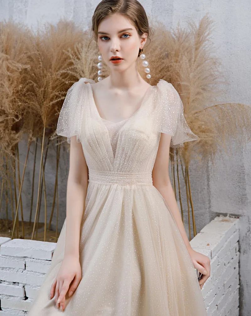 Chic Beautiful Pearl Pink Evening Dresses 2020 A Line Princess See Through  Deep V Neck Bell Sleeves Spotted Tulle Floor Length Long Ruffle Backless Formal  Dresses