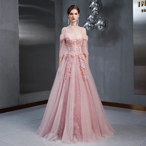 Elegante Pearl Rosa Abendkleider 2020 A Linie Off Shoulder Spaghettiträger 3/4 Ärmel Applikationen Spitze Pailletten Blumen Lange Rüschen Rückenfreies Festliche Kleider