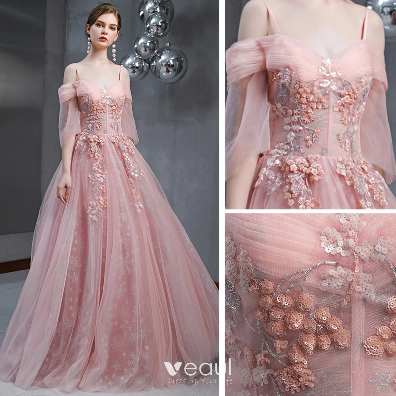 Elegant Off-the-shoulder Lace Floor-length Gown Pearl Pink