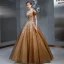 Vintage / Retro Brown See-through Prom Dresses 2020 A-Line / Princess Square Neckline Short Sleeve Glitter Tulle Appliques Lace Beading Floor-Length / Long Ruffle Backless Formal Dresses